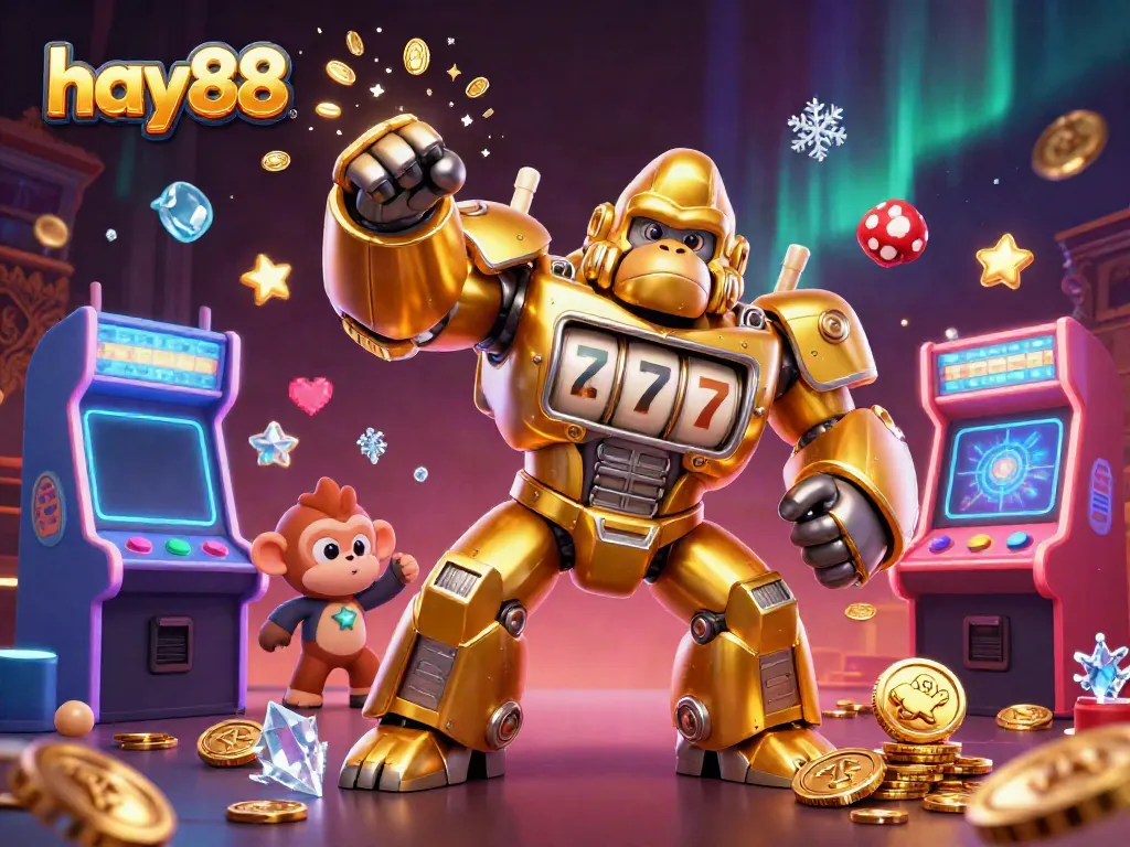 Experience excitement with hay88, featuring a dynamic gorilla mech and vibrant arcade gaming elements.