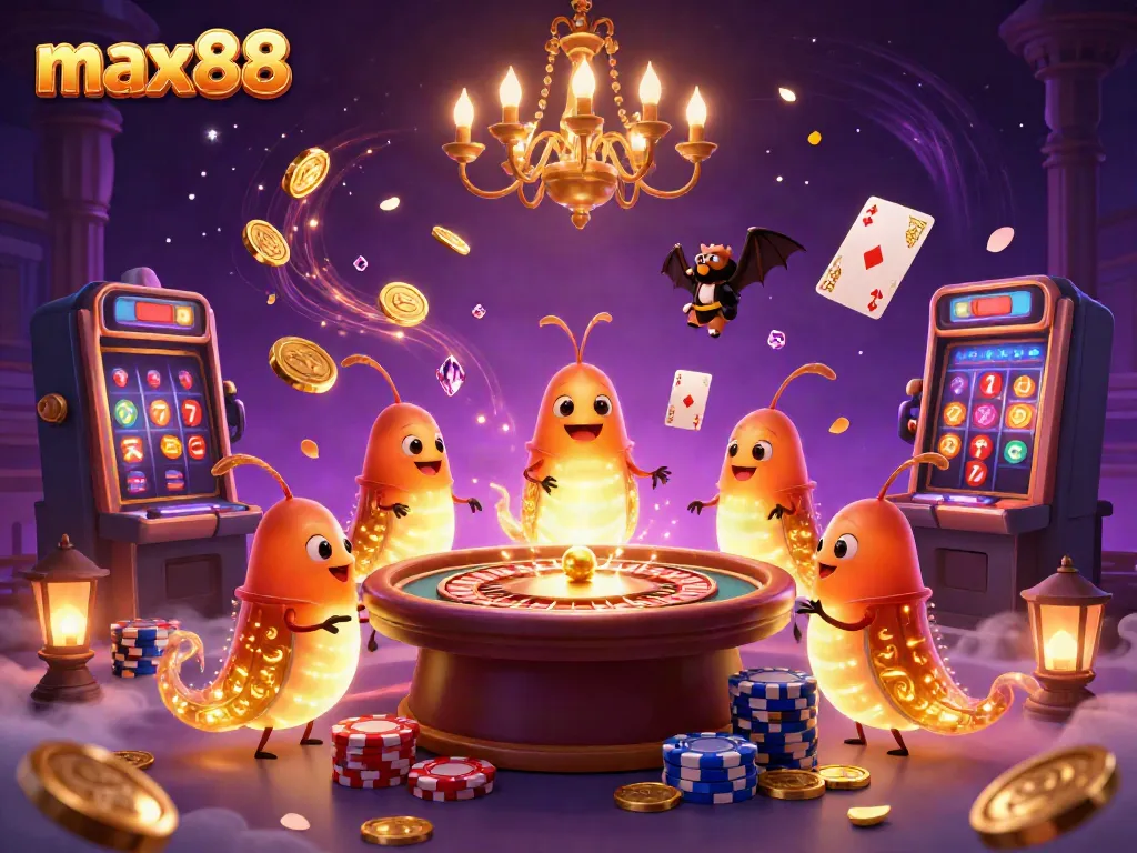 Experience the vibrant casino atmosphere at max88 with glowworms and dynamic game elements.