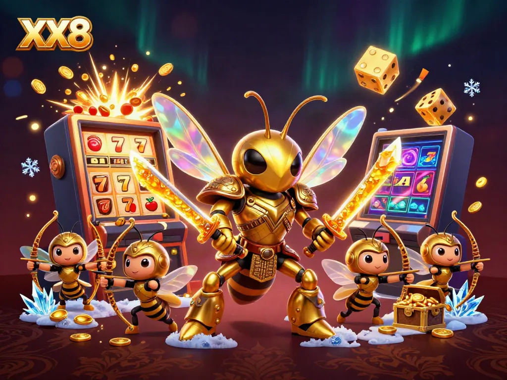 Experience the thrilling action of XX8 with a vibrant illustration of a golden hornet and exciting casino elements.