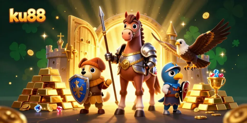 Experience excitement at ku88 with a medieval knight, puppy, and falcon amid treasures and casino elements.