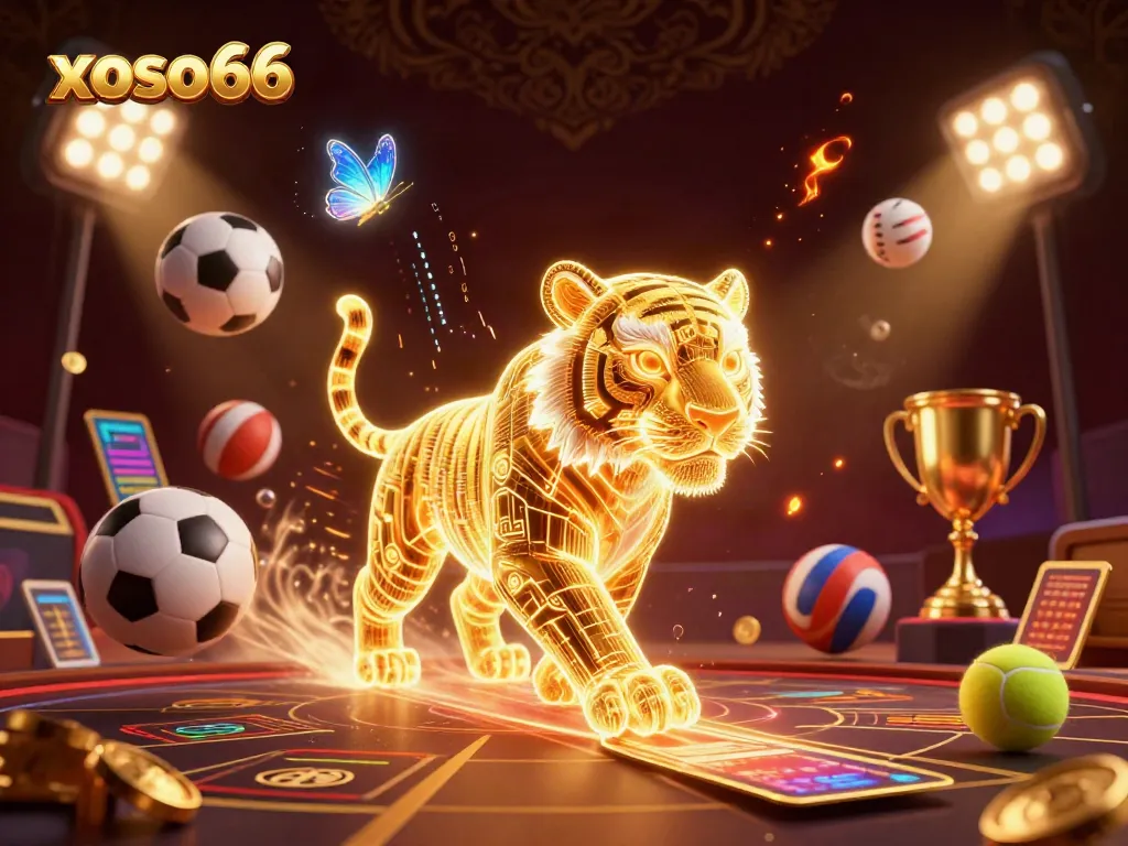 Experience the dynamic world of xoso66 with a neon golden tiger in a vibrant digital casino.