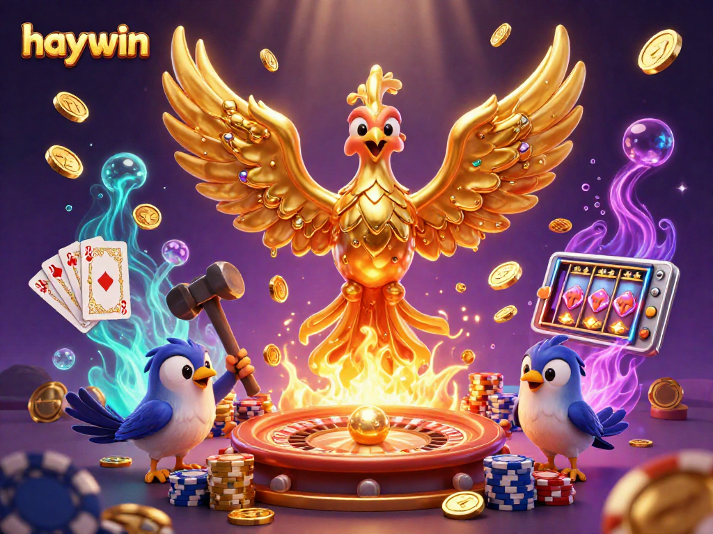 Engage with Haywin's thrilling casino experience featuring a molten phoenix and vibrant gaming elements.