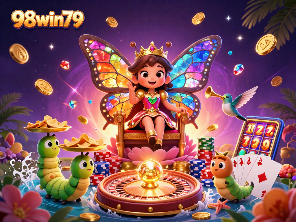 Engage in thrilling gameplay at 98win79 with vivid illustrations showcasing casino elements and characters.