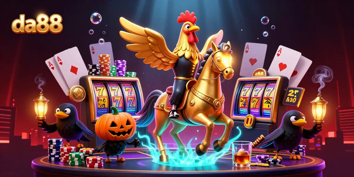 Experience thrilling slot games at da88 with a golden rooster in a vibrant casino scene.