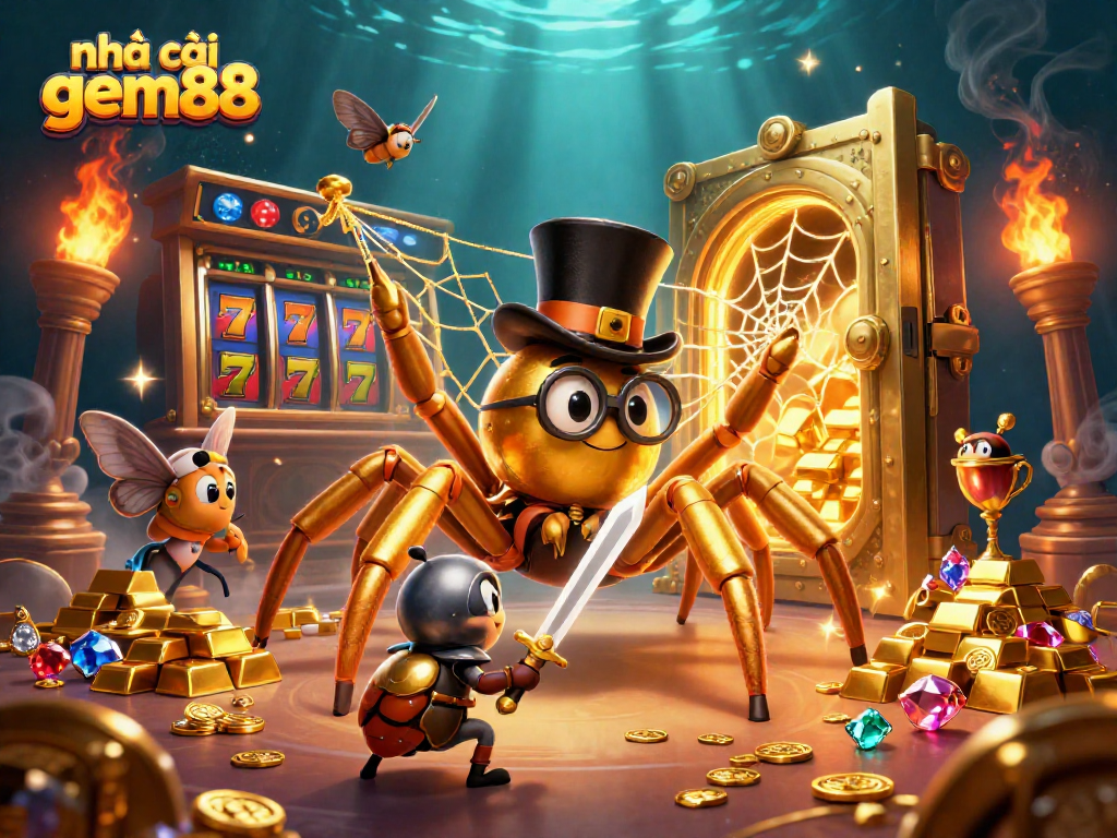Experience exciting gameplay at nhà cái gem88 with vibrant slots and gold treasures in a captivating scene.