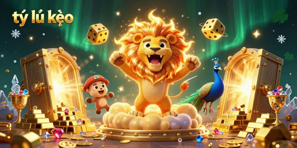Witness the thrill of tỷ lệ kèo in an enchanting 3D cartoon scene filled with gold and jewels.