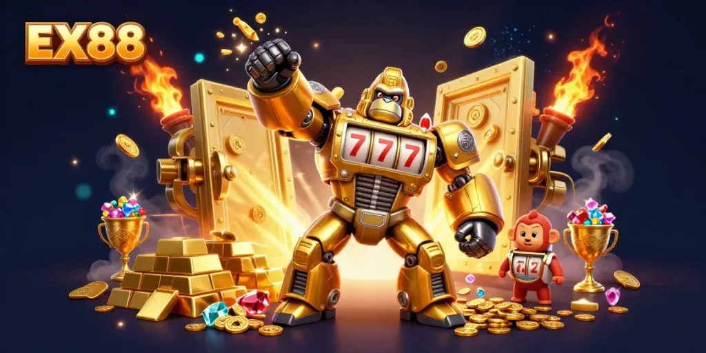 Engage with the EX88 gaming experience featuring a golden gorilla mech amidst treasures and excitement.