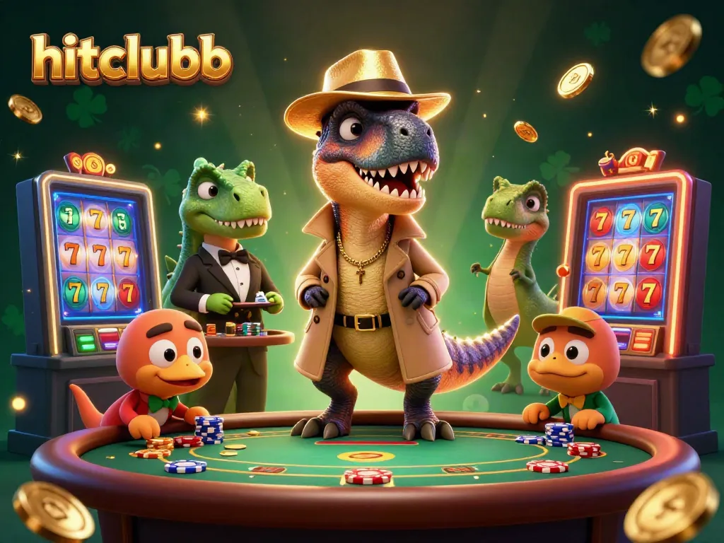 Experience thrilling gameplay at hitclubb with a vibrant illustration showcasing a velociraptor at a blackjack table.