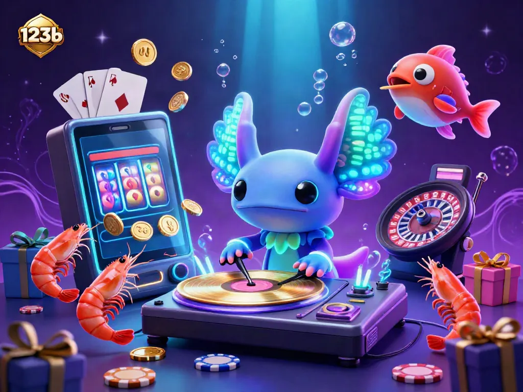 Join the vibrant party at 123b with the axolotl DJ spinning colorful slot games and golden coins.