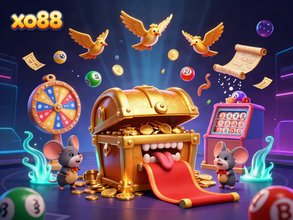 Richly designed illustration showcasing xo88’s thrilling gaming experience with dynamic casino elements.