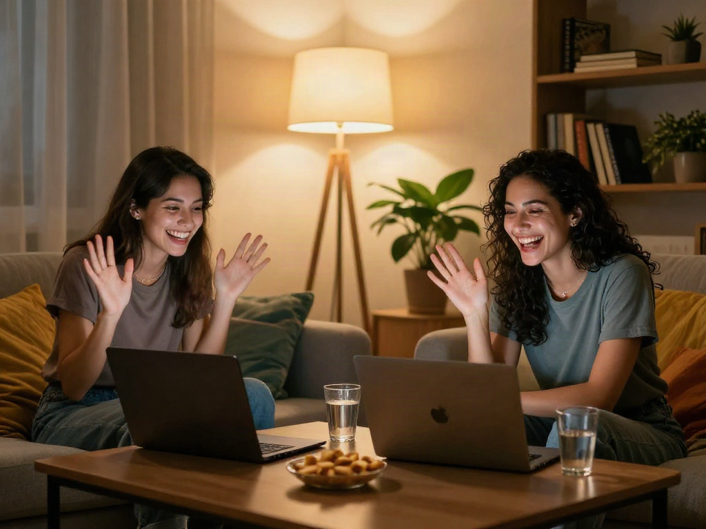 Friends enjoying a lively sex chat in a cozy living space with snacks and drinks.