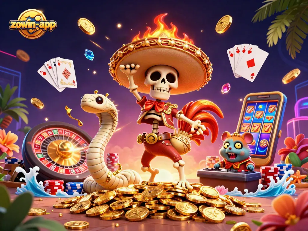 Spin to win at zowin-app, featuring dynamic characters amidst a vibrant casino celebration.