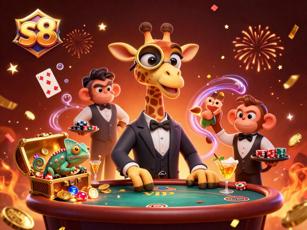 Win big with s8 in a vibrant casino scene featuring unique characters and lively gaming elements.