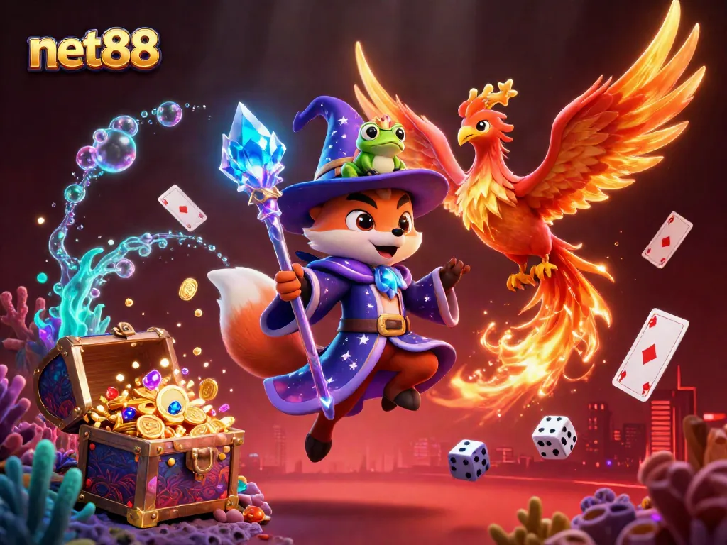 Experience thrilling sports betting with net88 in an enchanting fantasy scene featuring shimmering cards and glowing treasures.