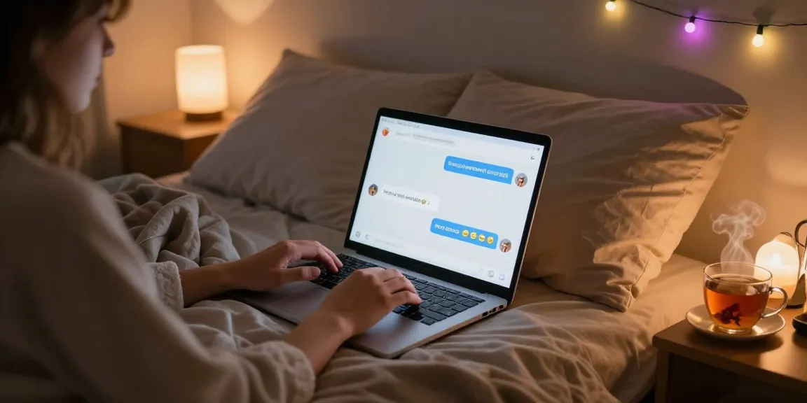 Engaging in ai sex chat in a cozy bedroom setting with a laptop and warm lighting.