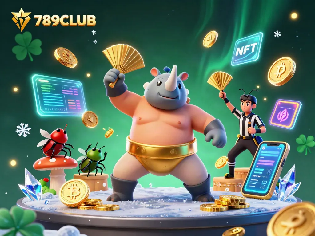 Join the excitement at 789CLUB with a sumo champion beetle amidst flying coins and digital elements!