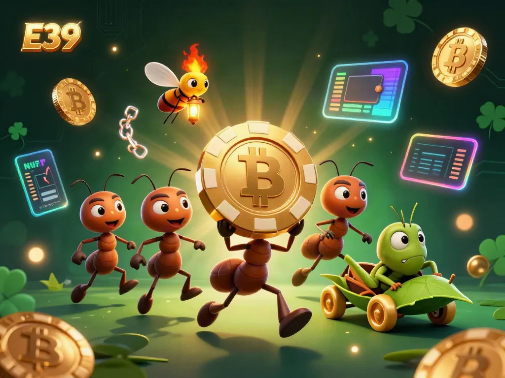 E39 casino illustration showcasing ants on a heist with golden chip, surrounded by crypto coins.