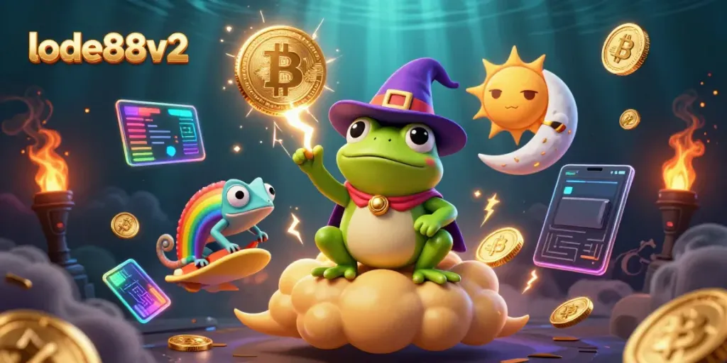 Engage with lode88v2's vibrant online casino experience, highlighted by a dynamic storm of golden coins and playful characters.