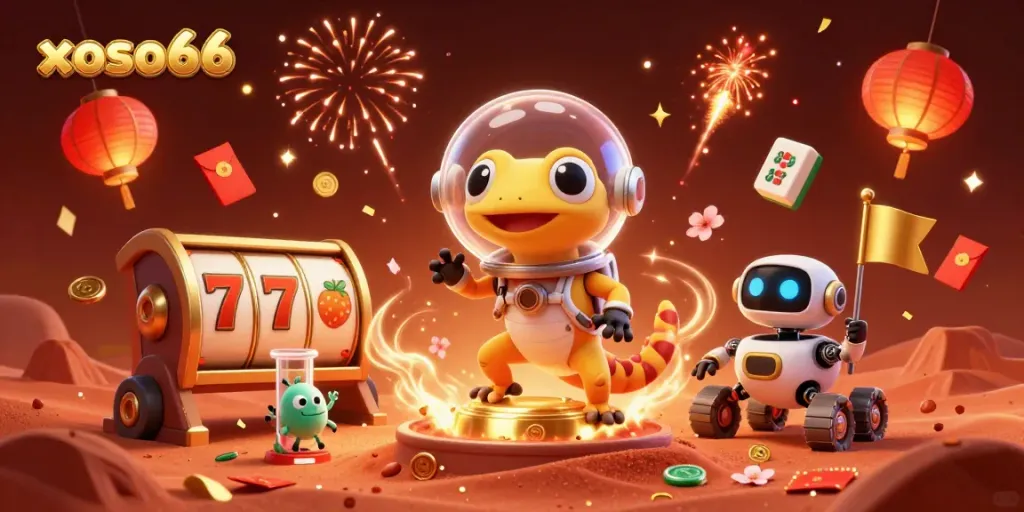 Engaging Martian gecko discovers golden casino treasures in xoso66 themed illustration.