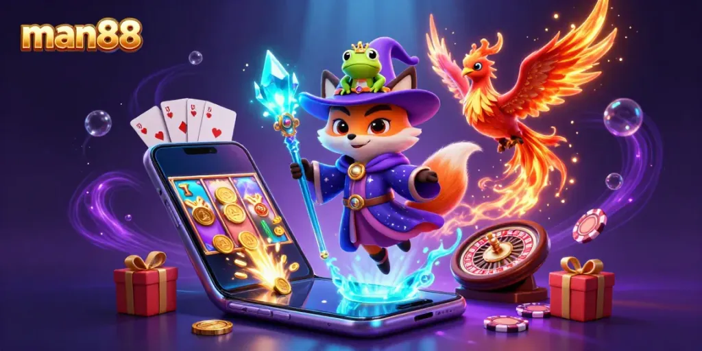 Experience thrilling games at man88 with a mystical fox wizard, phoenix, and vibrant casino elements!