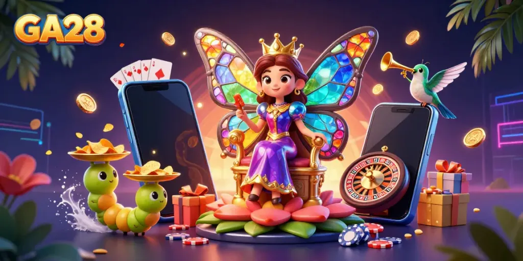Experience GA28's vibrant casino world with a butterfly queen amidst colorful games and gold.